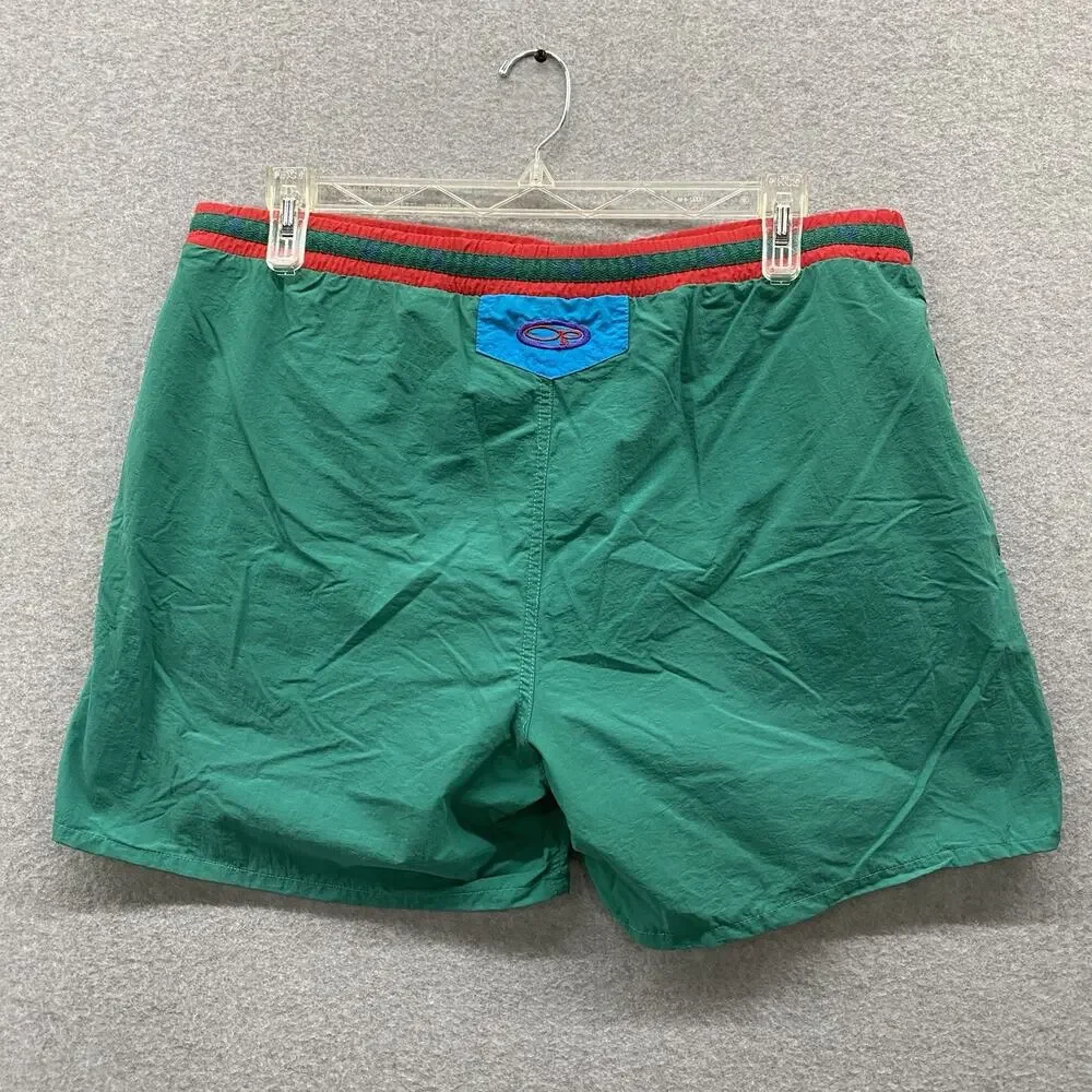 Vintage OP Ocean Pacific Swim Trunks Mens L Green Red Retro 90s Beach Shorts